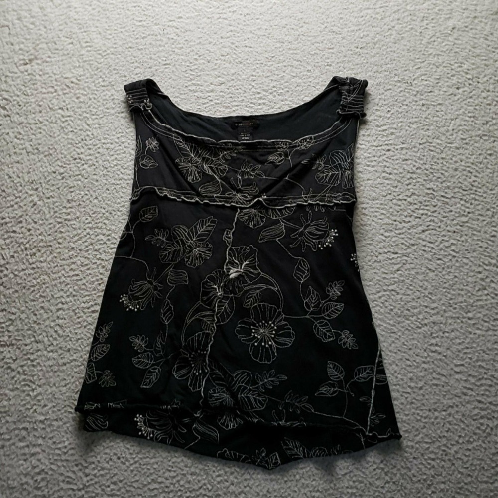BCBGMAXAZRIA Tank Top Womens L Black Scoop Neck Sleeveless Floral Embroidered